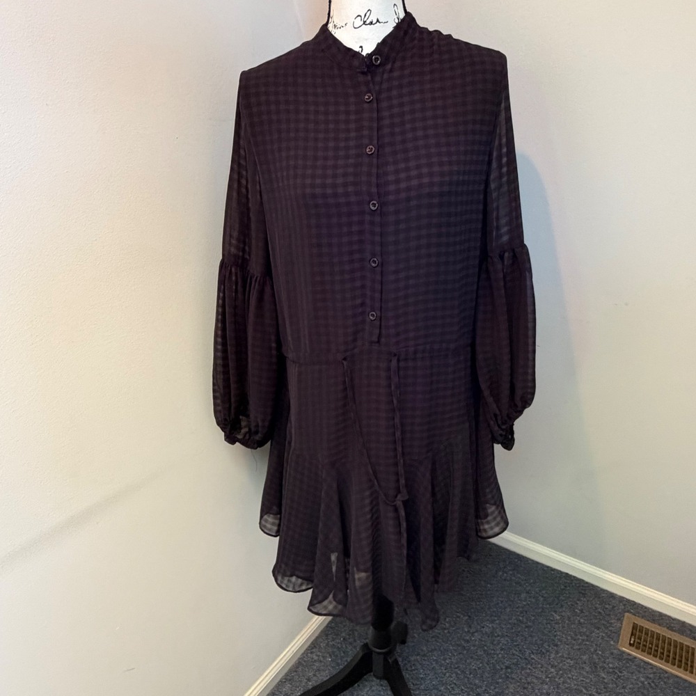 Olivaceous Gingham Button Front Dress Dark Purple Black Bishop Sleeve Medium - Picture 3 of 9